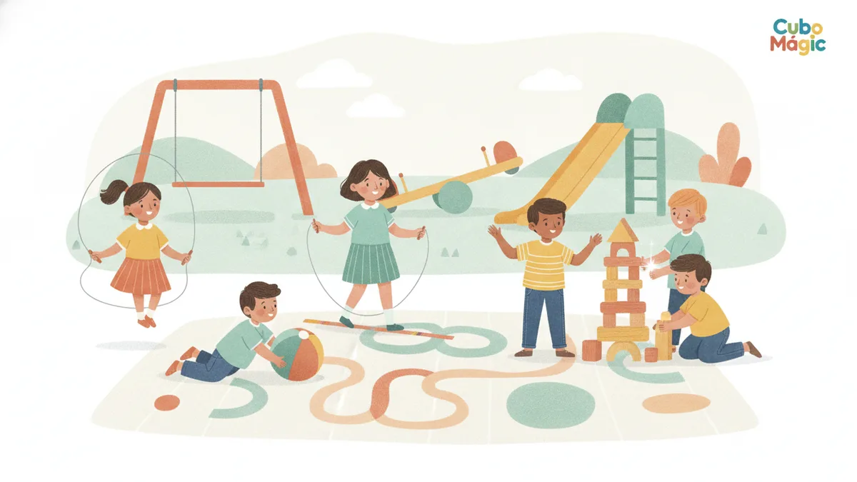Ilustração editorial sobre brincadeiras para coordenação motora